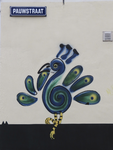 908259 Afbeelding van een onlangs aangebrachte muurschildering van een pauw op de gevel van het pand Pauwstraat 21 te ...